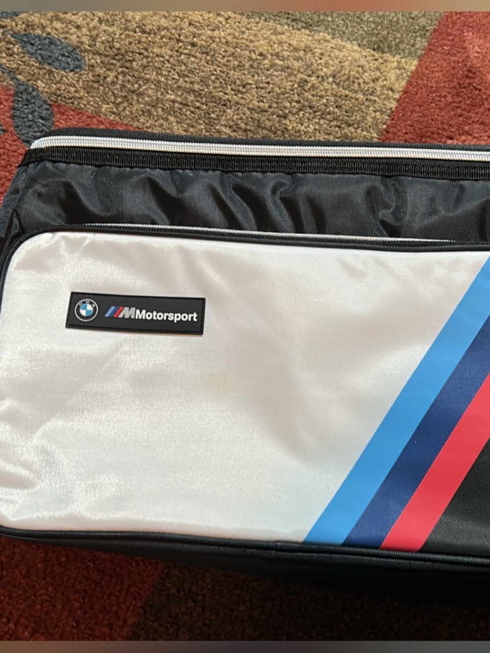 BMW Motorsport Men’s Duffel Bag in White with Blue & Red Accents